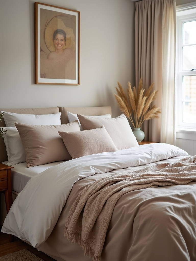 Coordinated bedding and textiles creating a harmonious look in a stylish small bedroom.