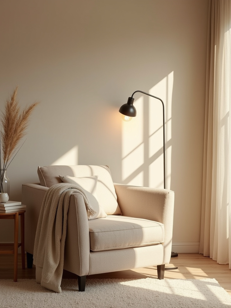 “Beige bedroom featuring a designated cozy reading nook with an armchair, soft lighting, and comforting textiles for a relaxing reading space.”