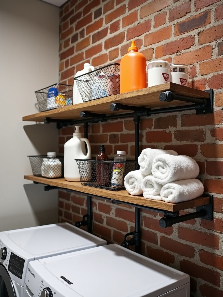 DIY industrial pipe shelves in a laundry room with exposed brick wall, holding laundry supplies.