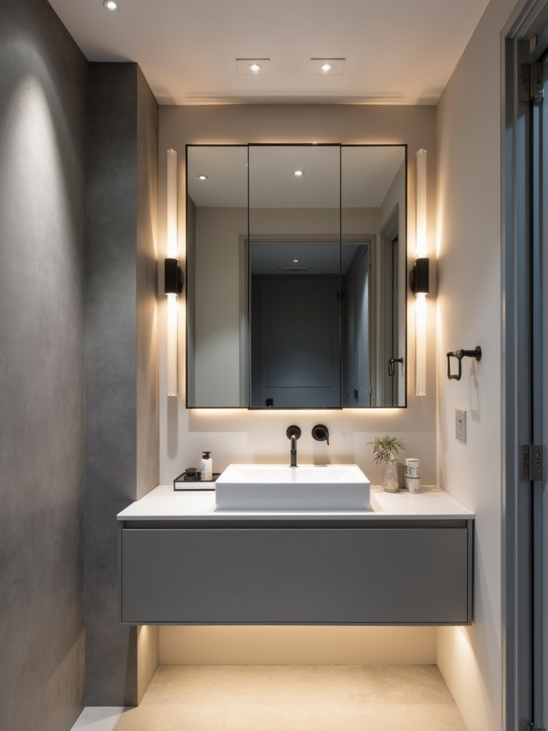 Contemporary modern bathroom featuring a layered lighting scheme with recessed lights, sconces, and under-vanity LED strips, creating a well-illuminated and stylish space.