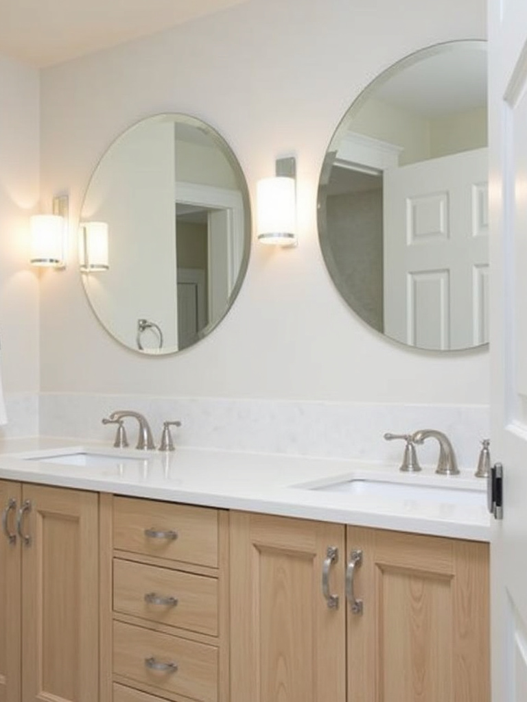 Modern bathroom featuring circular vanity mirrors above a double vanity, softening the space with their rounded forms and creating a harmonious look.