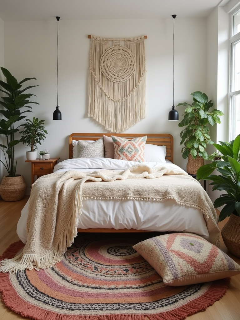 “Bohemian bedroom interior with layered rugs, macrame wall hangings, and eclectic decor, creating a relaxed and artistic atmosphere.”