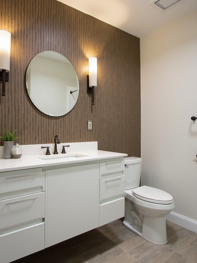 Modern bathroom featuring a textured accent wall created with vertical wood planks behind the vanity, adding depth and visual interest.