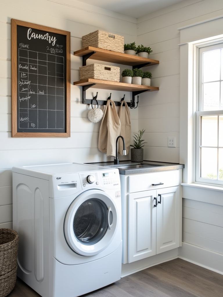 Modern farmhouse laundry room with a wall-mounted command center featuring a chalkboard calendar and corkboard.