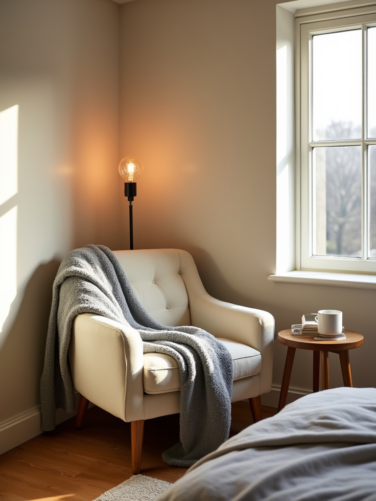 “Inviting reading nook in a bedroom with a plush armchair, soft blanket, and warm lighting, perfect for relaxation.”