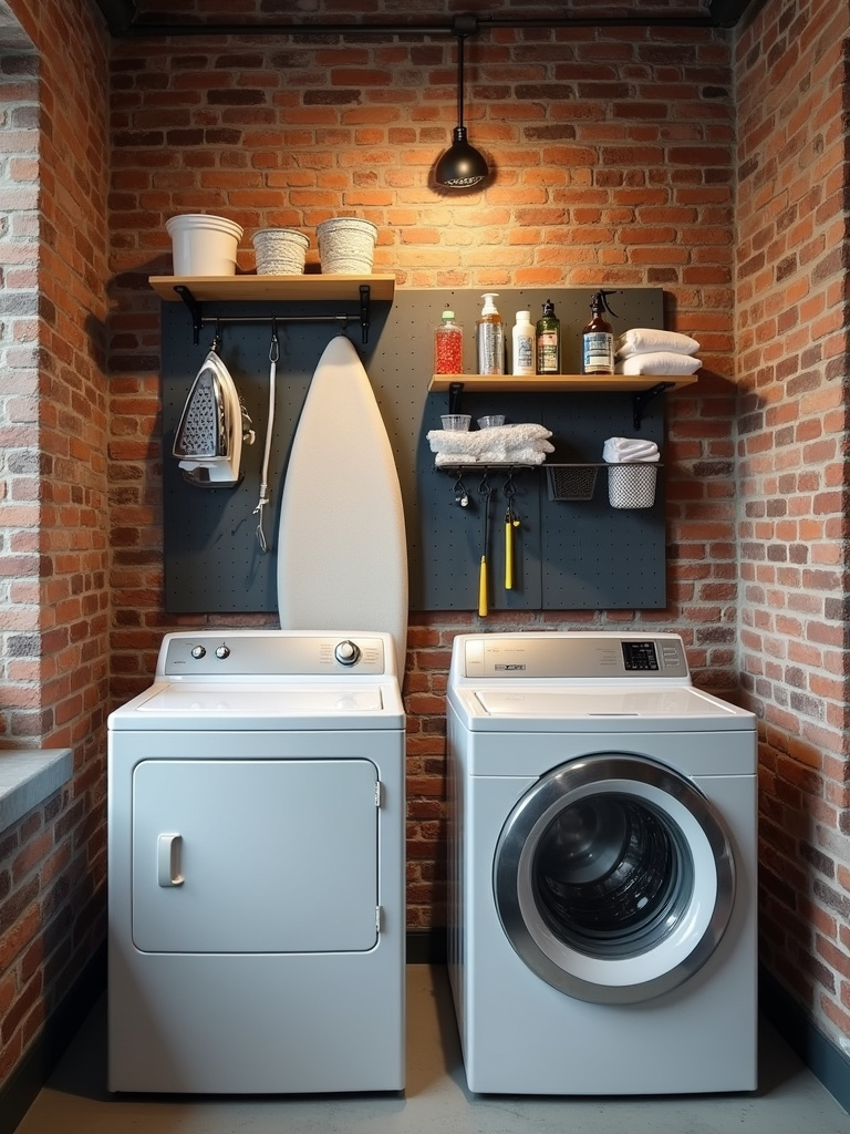 Dark gray pegboard wall in a laundry room, organized with ironing and cleaning supplies.