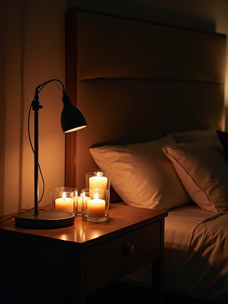 Romantic atmosphere created with soft lighting from lamps and flameless candles in a small bedroom.