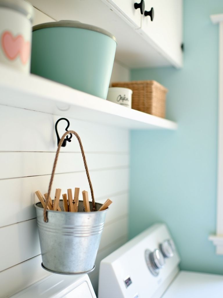 Cottage-style laundry room with a small galvanized bucket filled with wooden clothespins hanging on a white shiplap wall, adding a charming and practical touch.