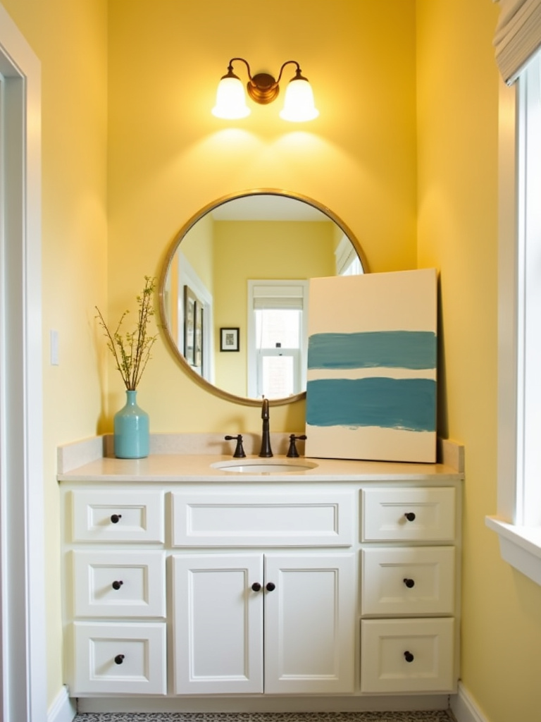 DIY painted canvas art with blue and white stripes leaning against the wall on a white vanity countertop in a charming bathroom.