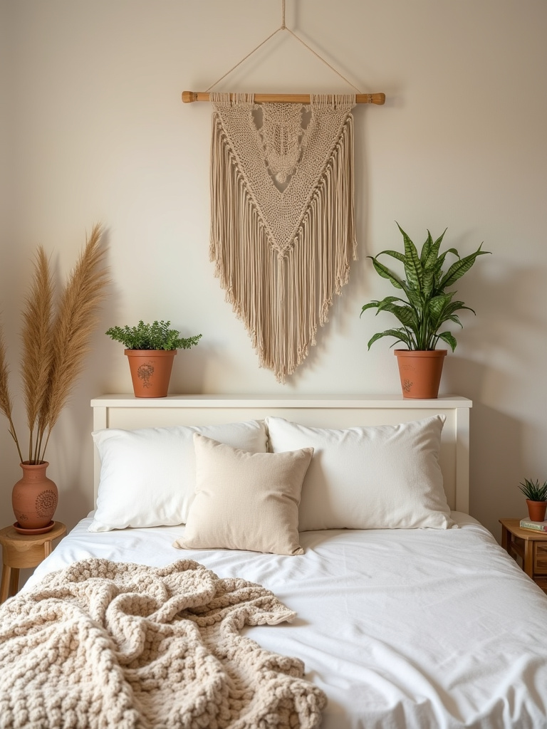 “Beige bedroom personalized with DIY decor elements like a macrame wall hanging and hand-painted pots, adding unique charm and crafted warmth.”