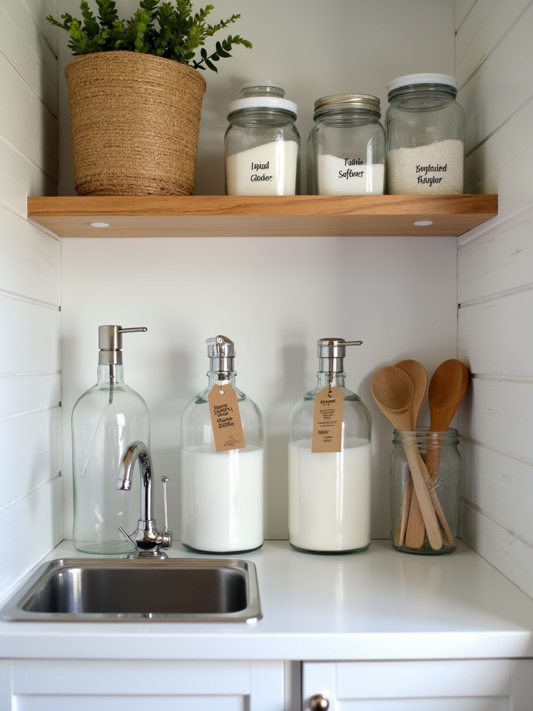 Rustic laundry room featuring a DIY laundry detergent station with glass dispensers and mason jars.