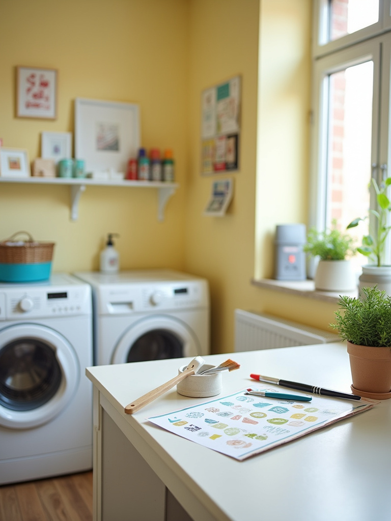 Bright laundry room showcasing a DIY project area with craft supplies like paint brushes, stencils, and labels on a white countertop, highlighting personalized and creative decor.