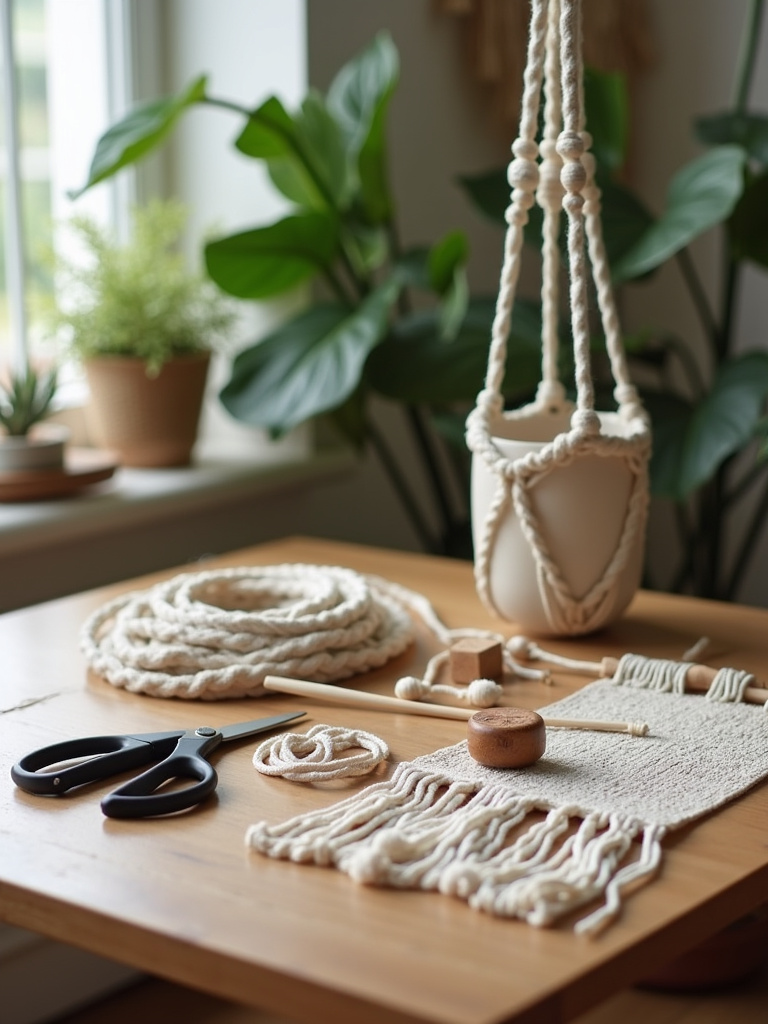 Close-up of a boho living room crafting corner with DIY macrame supplies and a partially finished plant hanger, showcasing a personal and handmade touch.