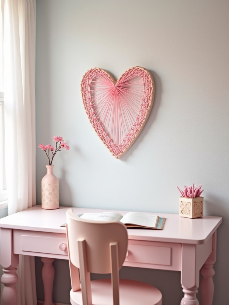Teen bedroom featuring a DIY string art heart hanging on a pastel wall above a desk, illuminated by soft natural light.