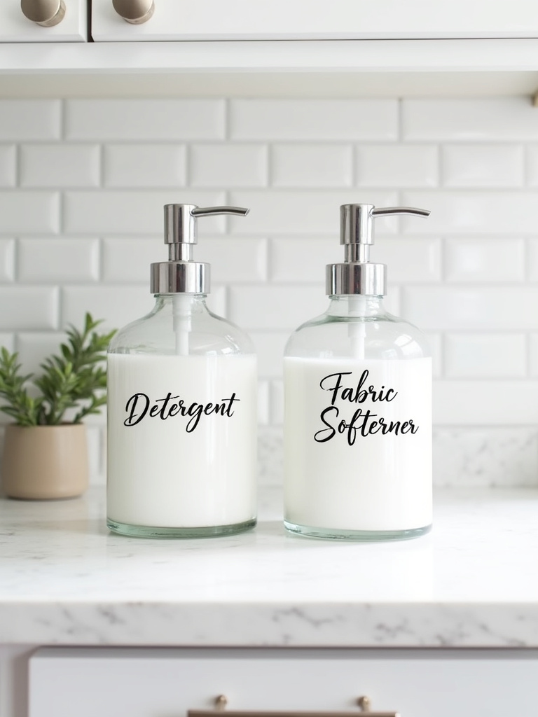 Organized laundry room countertop close-up featuring clear glass laundry detergent dispensers labeled “Detergent” and “Fabric Softener” in calligraphy, against a white countertop and subway tile backsplash.