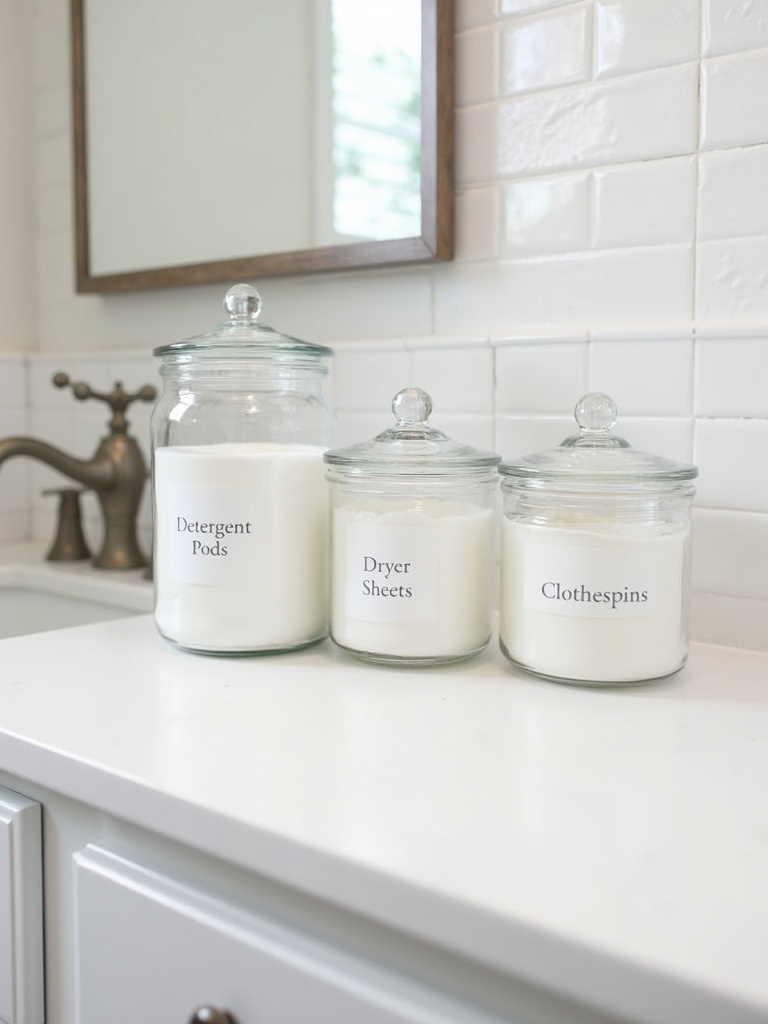 Organized laundry room countertop with three clear glass jars labeled for detergent pods, dryer sheets, and clothespins, against a white countertop and subway tile backsplash.