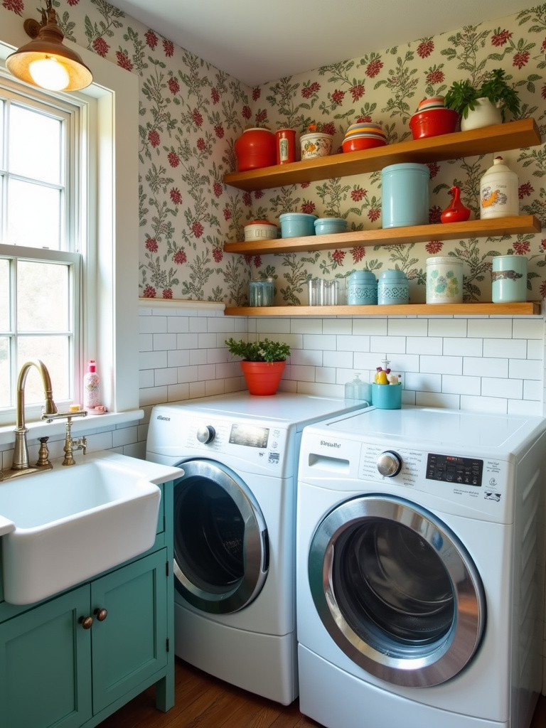 Eclectic laundry room with floral wallpaper and white subway tile backsplash.