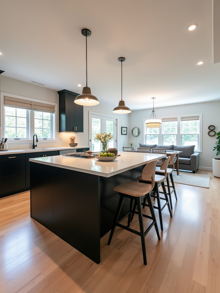 Open floor plan featuring a black kitchen island strategically positioned to define the kitchen space while maintaining an open flow to the living area.