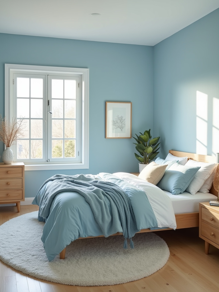 “Serene bedroom sanctuary with calming blue tones, soft textures, and minimalist decor, promoting relaxation and tranquility.”