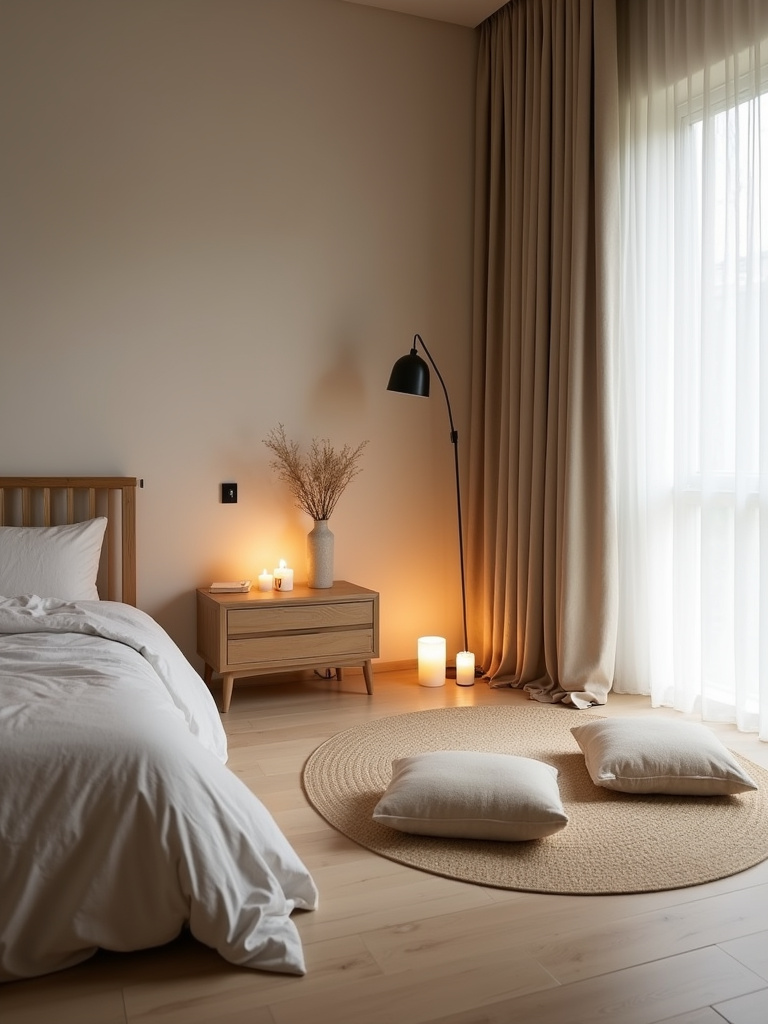 “Zen-inspired bedroom with a designated meditation corner featuring floor cushions, a rug, and calming decor, creating a relaxing zone.”