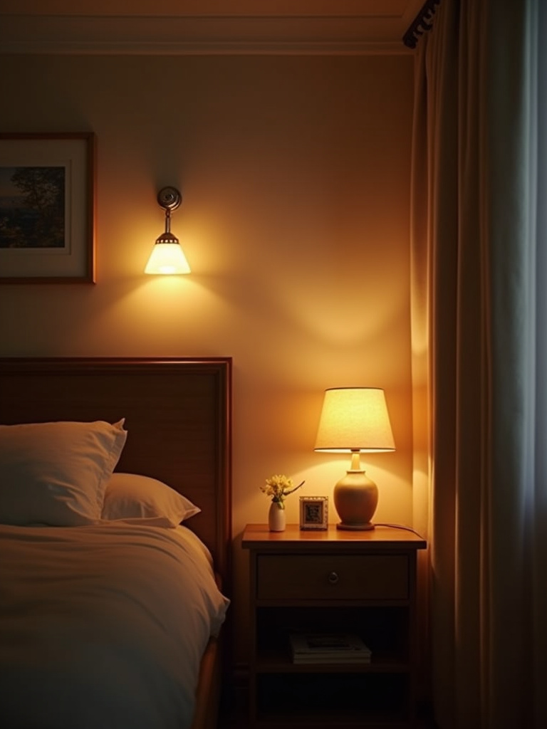 Relaxing bedroom scene with dimmable lights set to a low, warm setting, enhancing the cozy ambiance.
