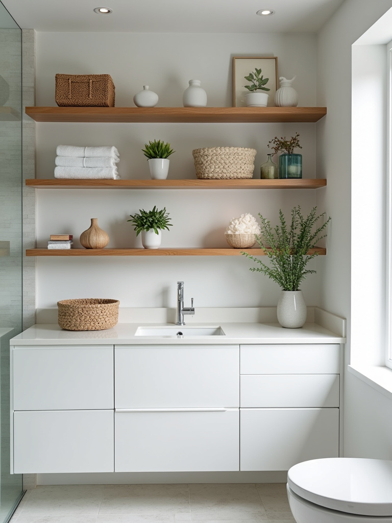 Modern bathroom featuring open shelving displays with neatly arranged towels, baskets, and plants, creating a visually appealing and functional storage solution.