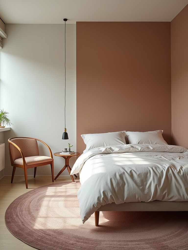 Area rug and color blocking visually dividing space in a stylish small bedroom.