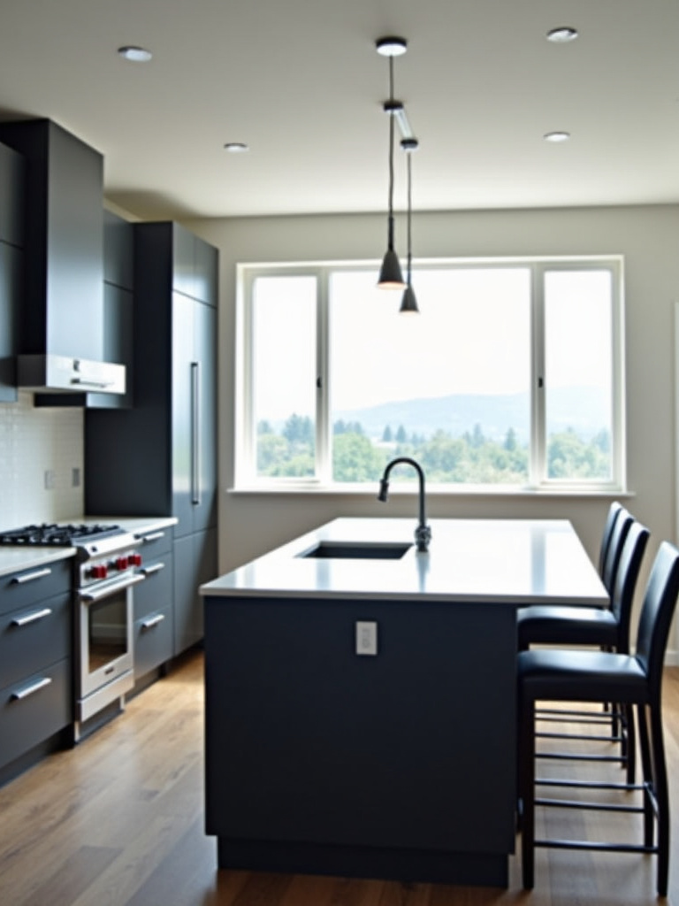 Contemporary kitchen featuring a black kitchen island with an integrated stainless steel sink and modern chrome faucet.