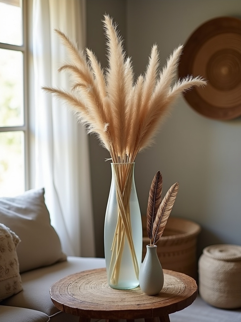 Boho living room corner with a tall vase of pampas grass and a vase of feathers, adding natural and textural elements.