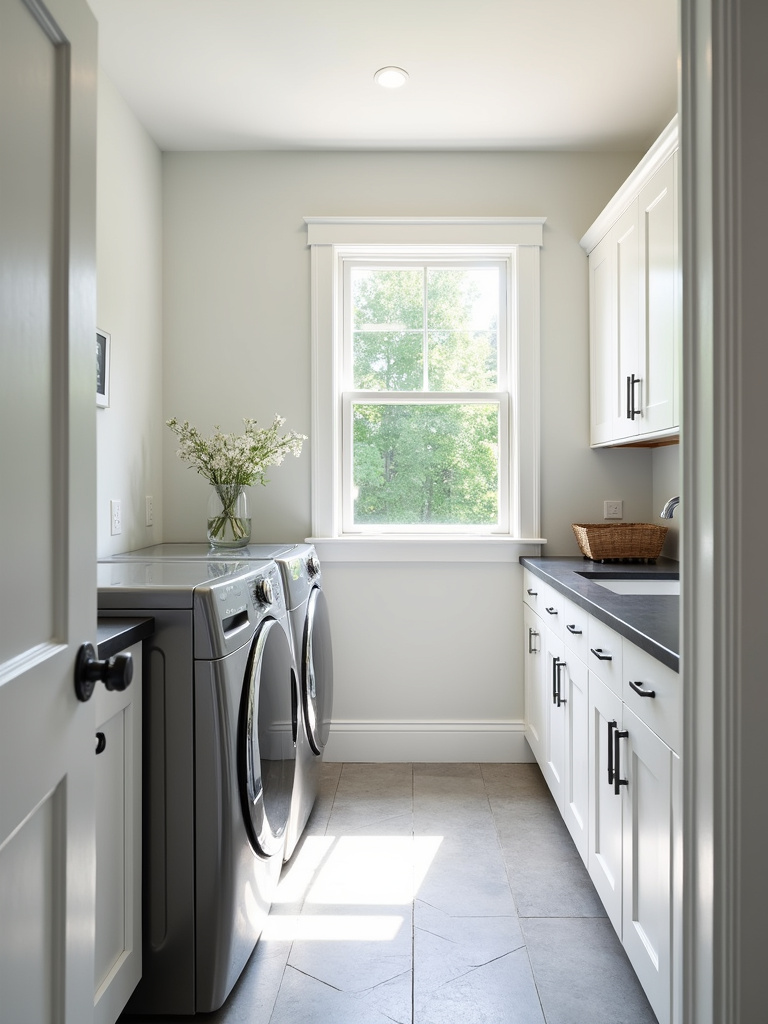 Contemporary laundry room with light gray herringbone pattern porcelain tile flooring.