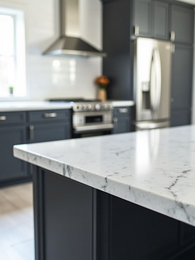 Modern kitchen featuring a durable and stylish black kitchen island with a white quartz countertop with subtle gray veining.