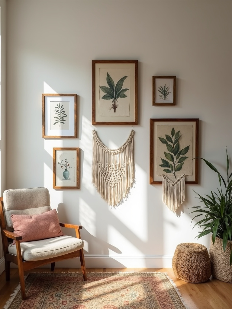 Boho living room gallery wall with a mix of framed art, including botanical prints and abstract pieces, creating an eclectic and personalized display.