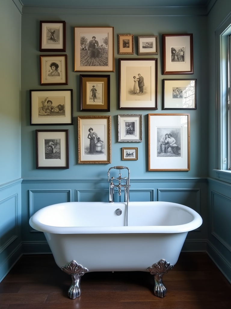 Eclectic gallery wall above a clawfoot bathtub in a stylish bathroom, featuring a mix of vintage prints, abstract art, and black and white photography.