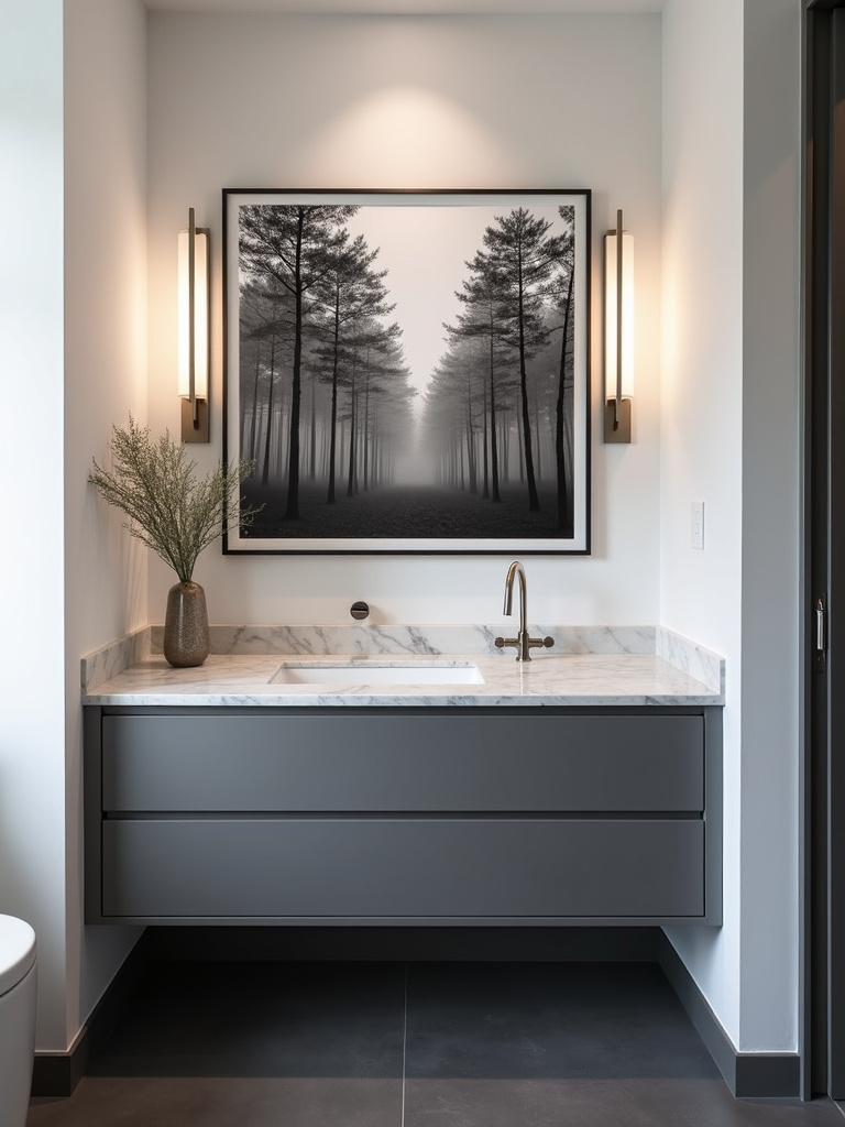 Large framed black and white photograph of a misty forest above a grey vanity in a sophisticated bathroom.