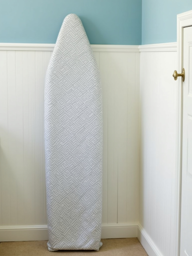 Elegant laundry room corner with a standing ironing board featuring a stylish gray and white striped ironing board cover, against a light blue wall with white wainscoting.