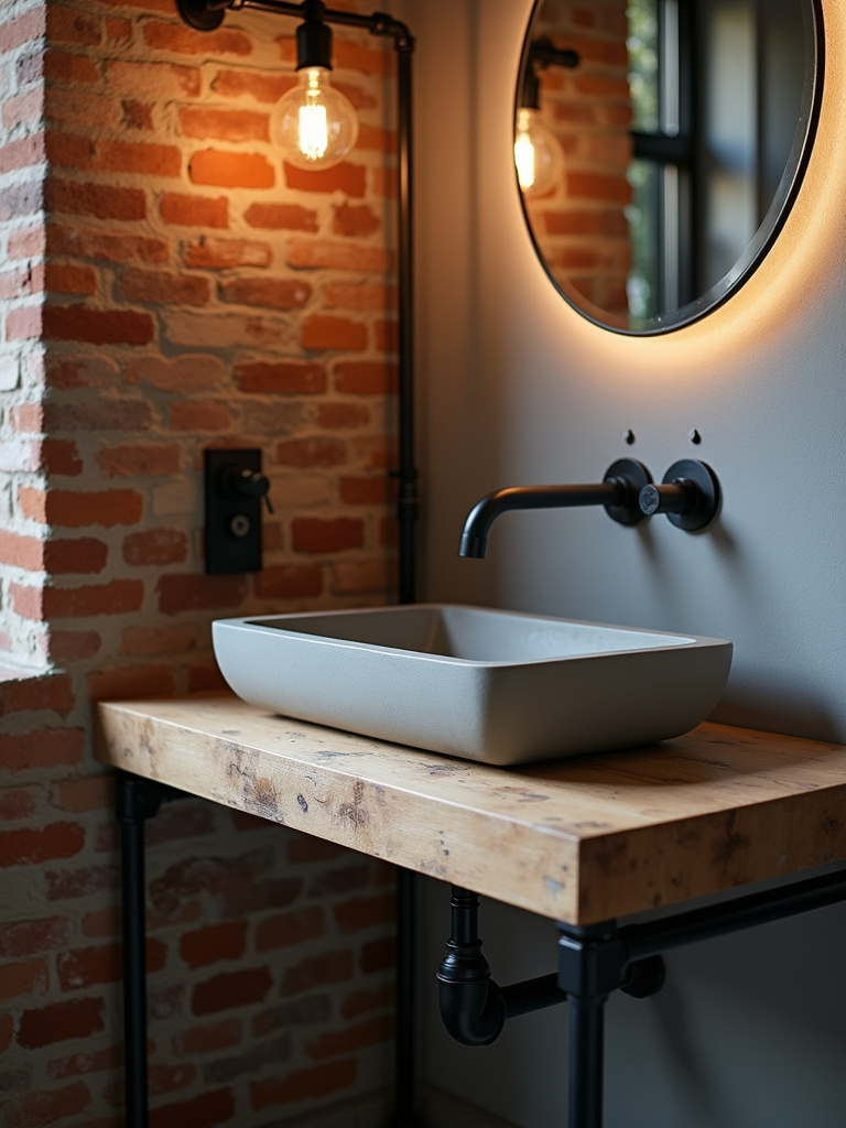 Industrial modern bathroom featuring a concrete vessel sink atop a rustic wood vanity with exposed plumbing, embodying an urban chic aesthetic.