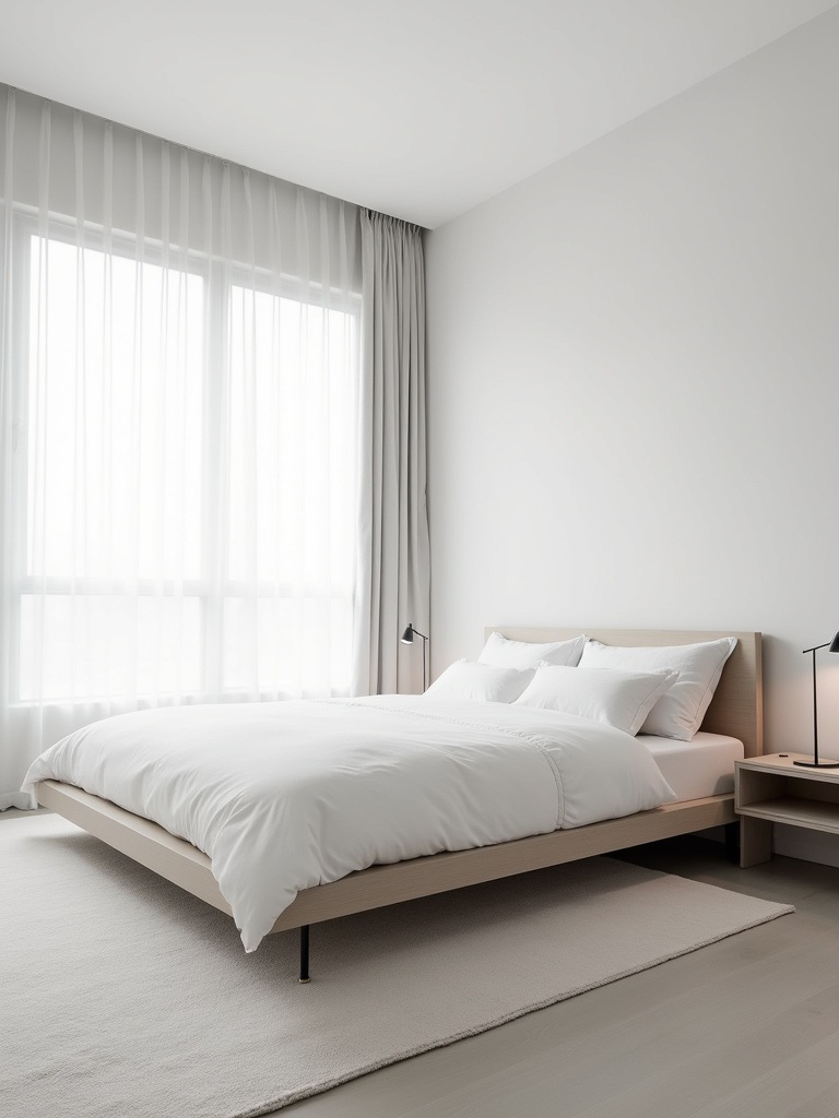“Minimalist bedroom with white walls, light grey bedding, and simple, clean-lined furniture, bathed in soft natural light.”