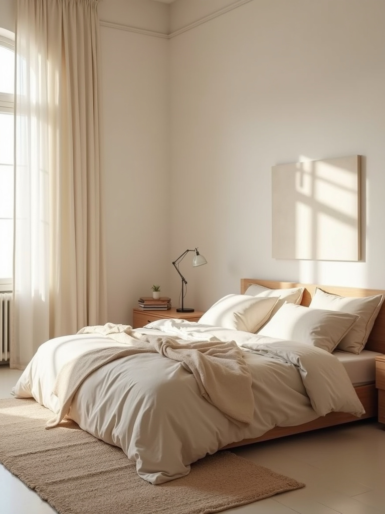 “Monochromatic beige bedroom showcasing layered textures and shades of beige for depth and visual interest.”