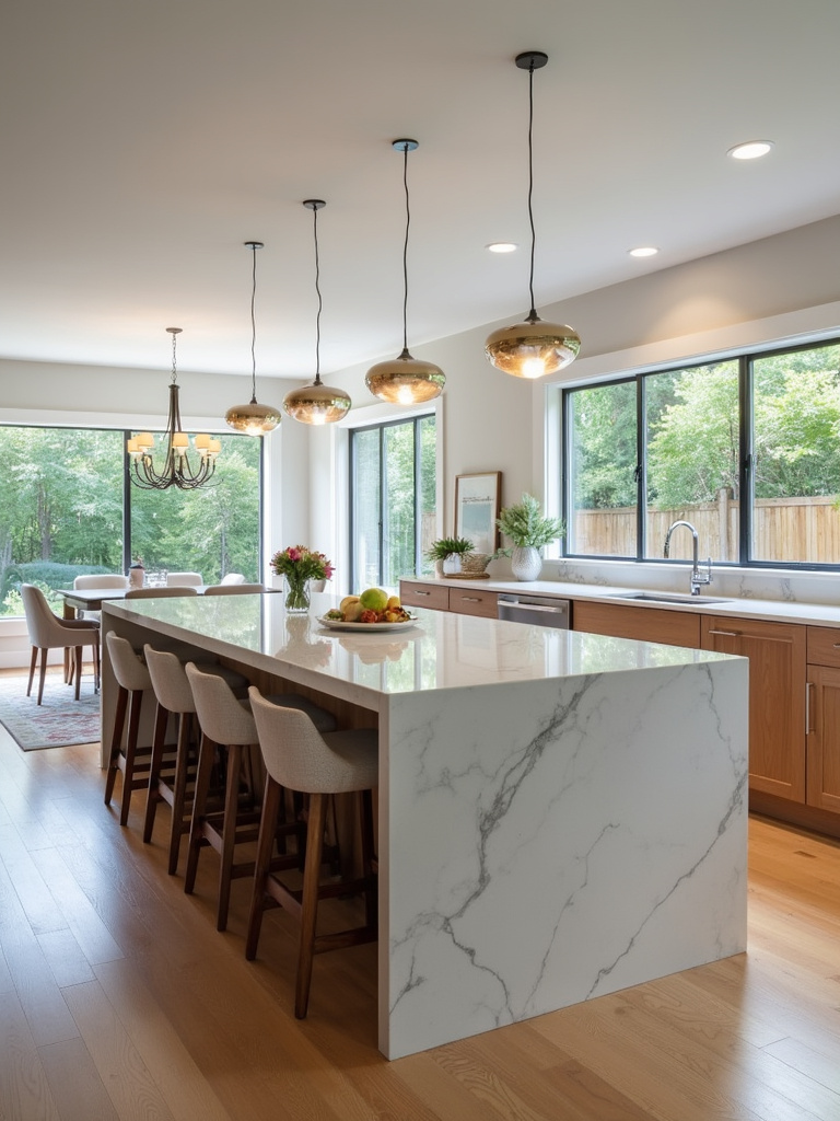 Contemporary open-concept kitchen featuring a large quartz island with seating and pendant lighting.