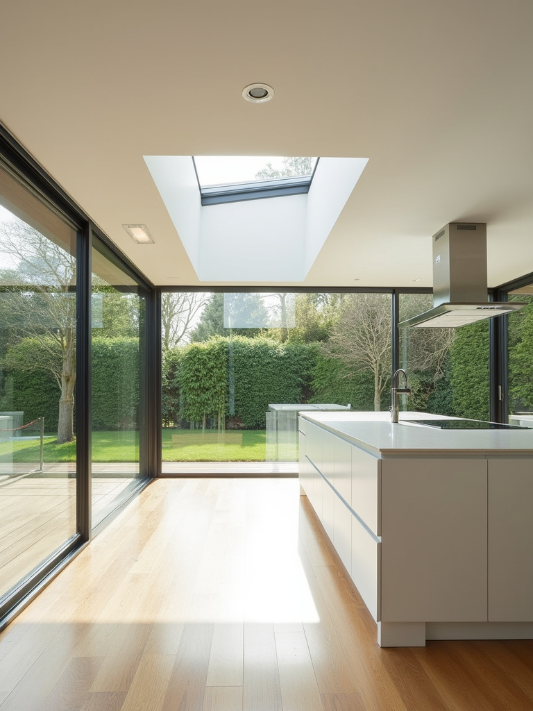 Modern kitchen bathed in natural light from floor-to-ceiling windows overlooking a garden.