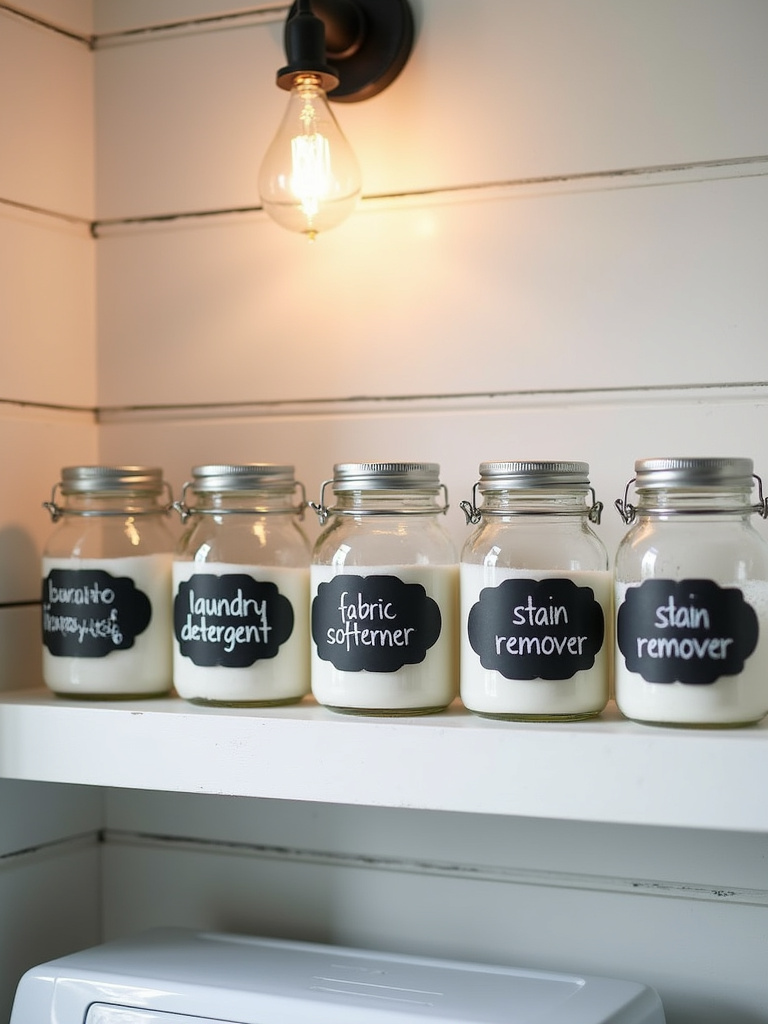 Farmhouse laundry room with glass jars labeled with chalkboard labels for laundry supplies.