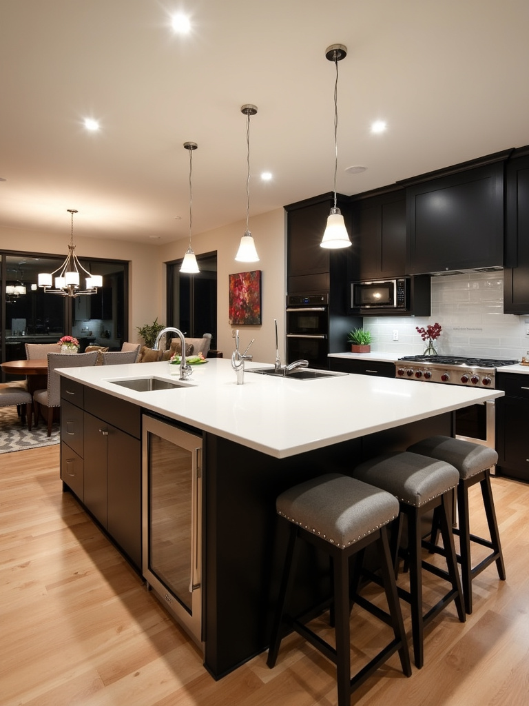 Entertainer’s dream kitchen featuring a large black kitchen island with ample seating, a built-in beverage refrigerator, and a bar sink, perfect for gatherings.
