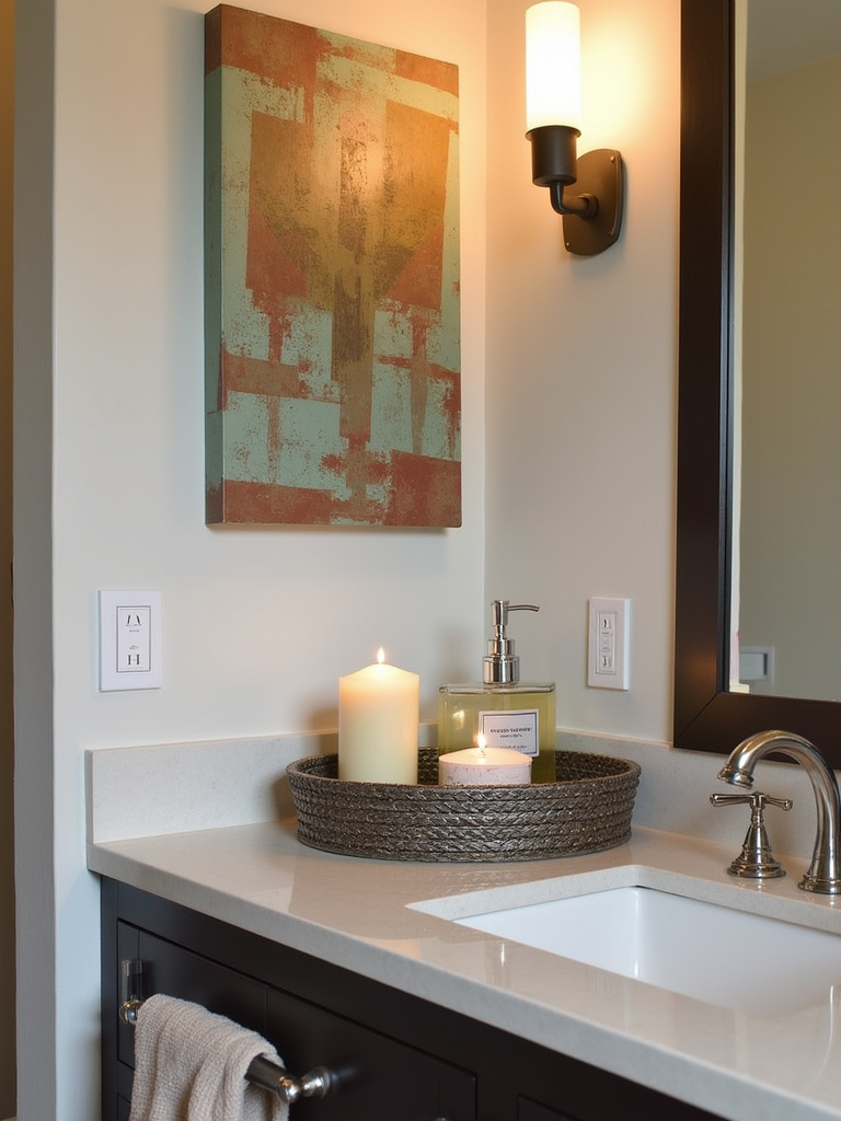 Eclectic modern bathroom infused with personality through unique decor accents, including artwork, a decorative tray, and stylish accessories, creating a personalized and inviting space.