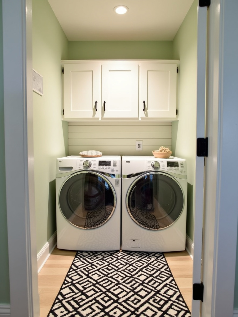 Modern farmhouse laundry room with a black and white geometric runner rug in front of white washer and dryer, featuring light wood tile flooring and sage green shiplap walls.