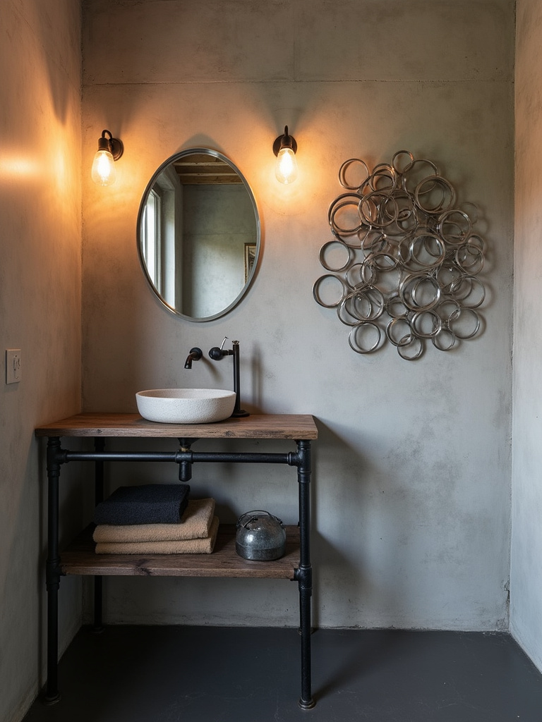Abstract metal sculpture with intertwined circles in brushed steel hanging on a concrete wall in an industrial chic bathroom.
