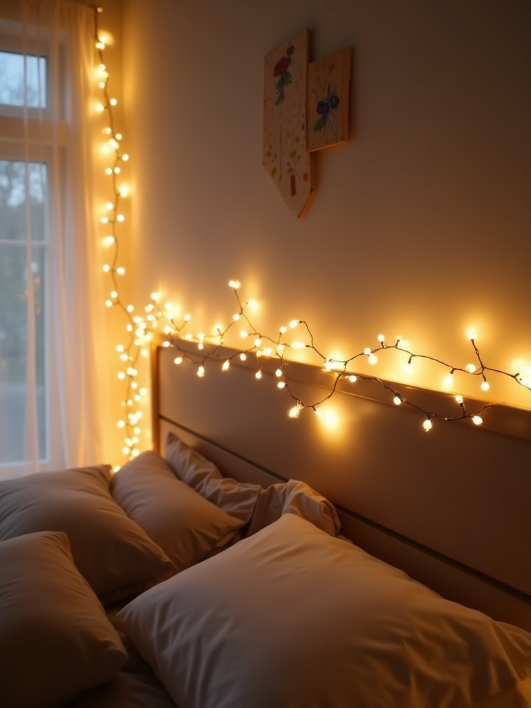 Cozy bedroom with warm white fairy lights draped across the headboard, creating a whimsical ambiance.