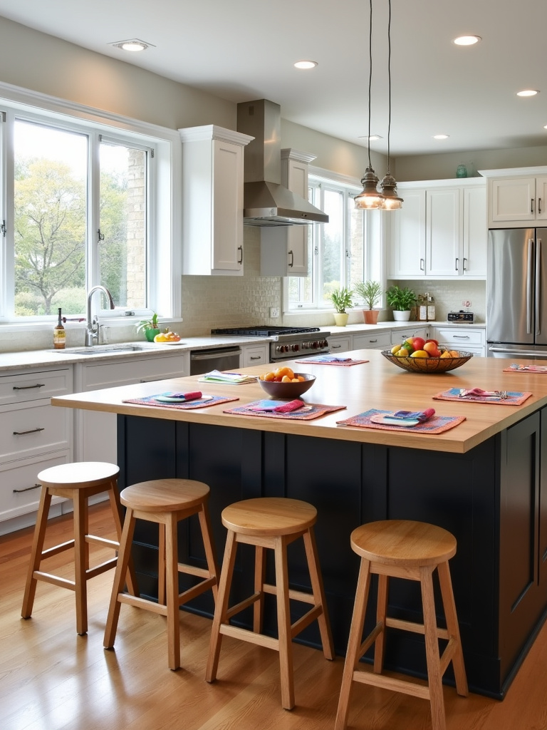 Family-friendly kitchen featuring a black kitchen island with ample seating, a light wood countertop, and kid-friendly decorations.