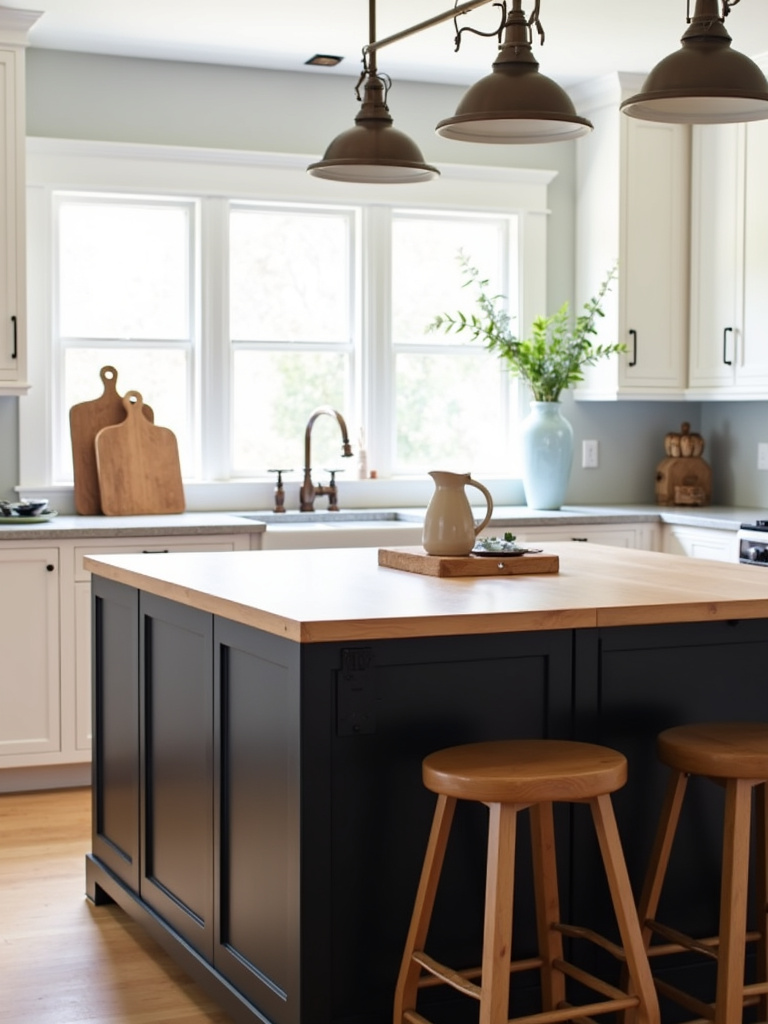 Charming farmhouse kitchen featuring a black kitchen island with a warm maple butcher block countertop, white Shaker cabinets, and an apron-front sink.