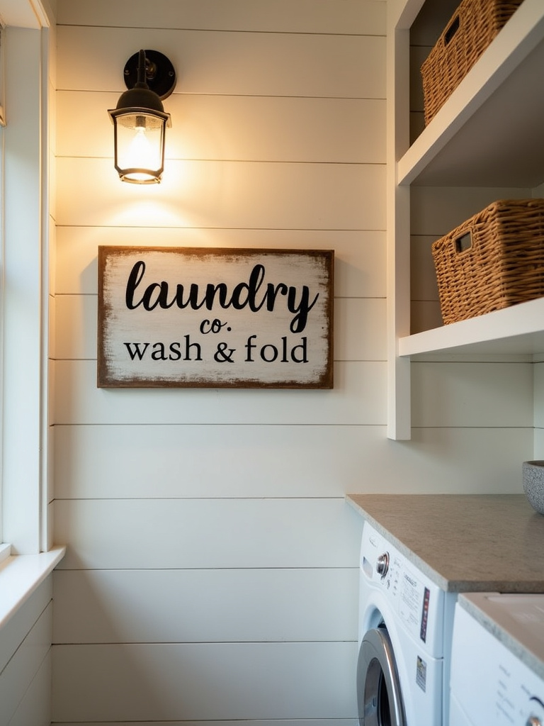 Cozy farmhouse laundry room with a weathered wooden “Laundry Co. Wash & Fold” sign on a shiplap wall, vintage sconce lighting, and open shelving with wicker baskets.
