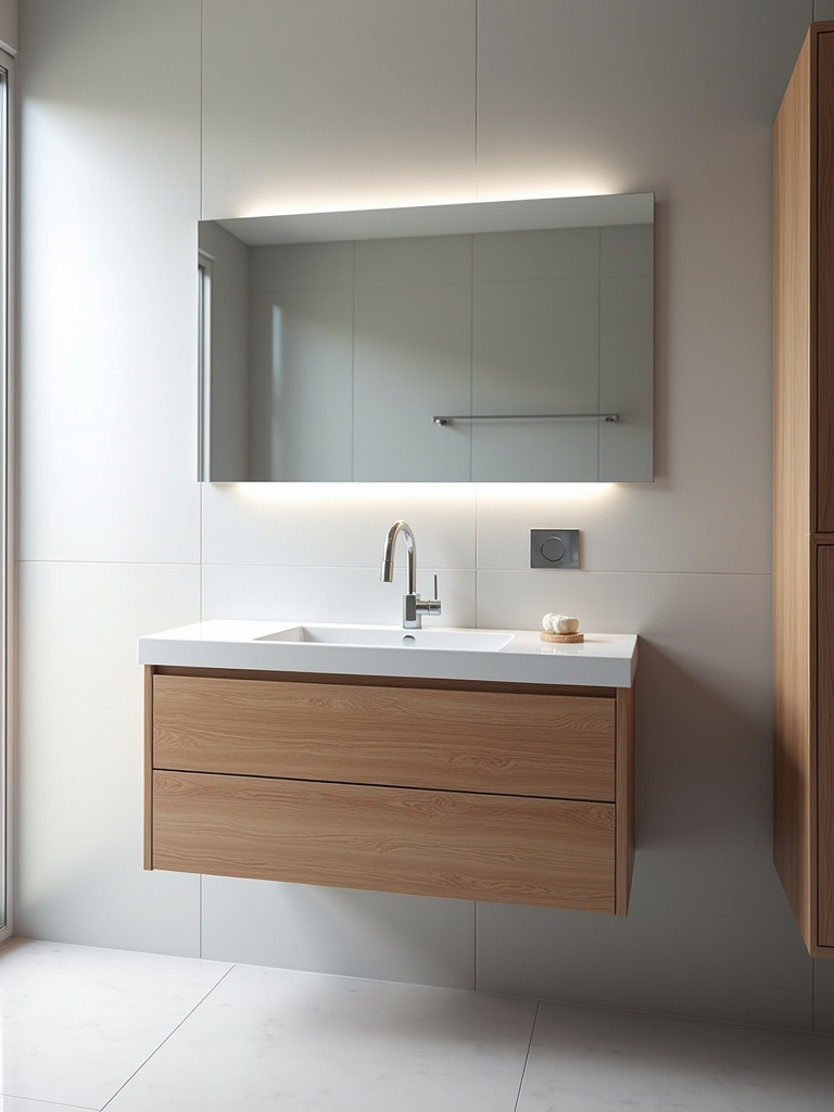 Modern minimalist bathroom featuring a floating wood vanity with a white countertop and wall-mounted faucet, bathed in soft natural light.